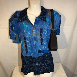California Krush Blue Patchwork Button Front Shirt Size L | Vintage Artsy Top